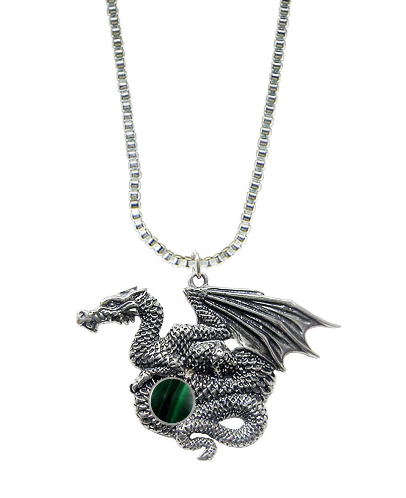 Sterling Silver Dragon of Many Treasures Pendant With Malachite